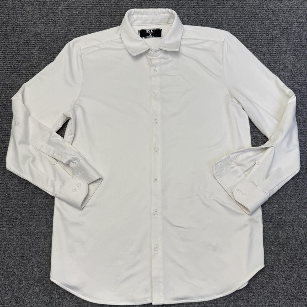 BYLT Dress Shirt Mens Medium White Stretch Executive Fit Button Up Long Sleeve